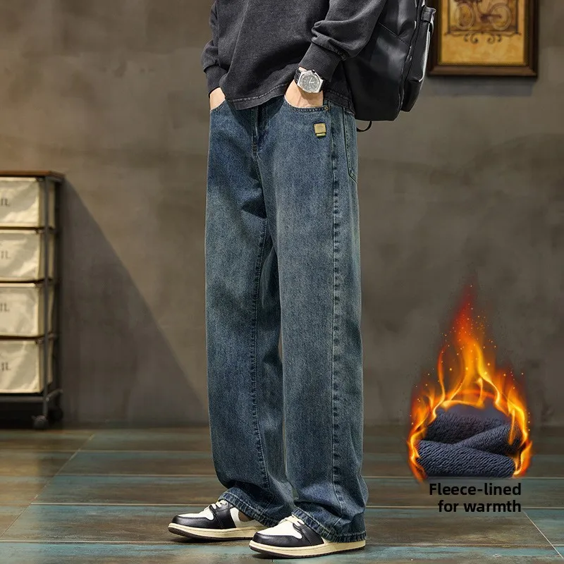 

Thickened Fleece Lined Retro Men's Jeans Straight Leg Long Trousers Autumn Winter New Style Fashionable Brand Jeans for Boys