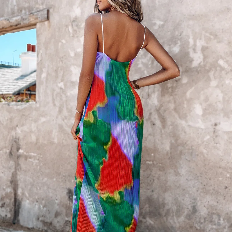 Women Fashion Slim Skinny Colorblock Tie Dye Print Pleated Cami Maxi Dress Sleeveless Sexy Bodycon