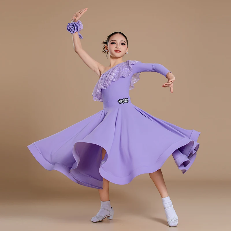 Sukienka do tańca nowoczesnego z jednym rękawem dla dziewczynek, sukienka do tańca latynoamerykańskiego z falbankami, kostiumy konkursowe do walca i tańca towarzyskiego dla dzieci XS10456