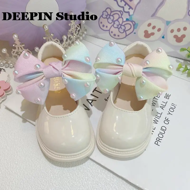 2024 Latest Children'S School Shoes Girls Low-Heeled Bright Leather Shoes Spring Girls Baby British Style Pearl 27-37Euro Size