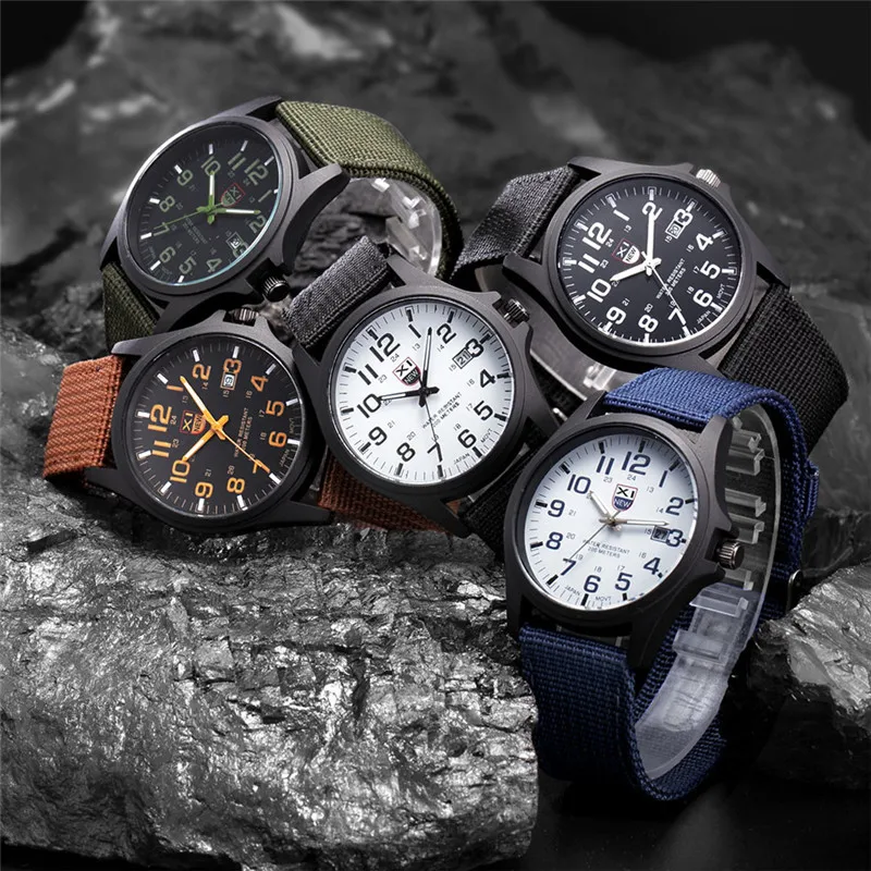 Uomini XINEW Orologi di marca economici Studenti Ragazzi Moda Cinturino in nylon Semplice data Orologio al quarzo Nero Erkek Barato Saat Montre Homme