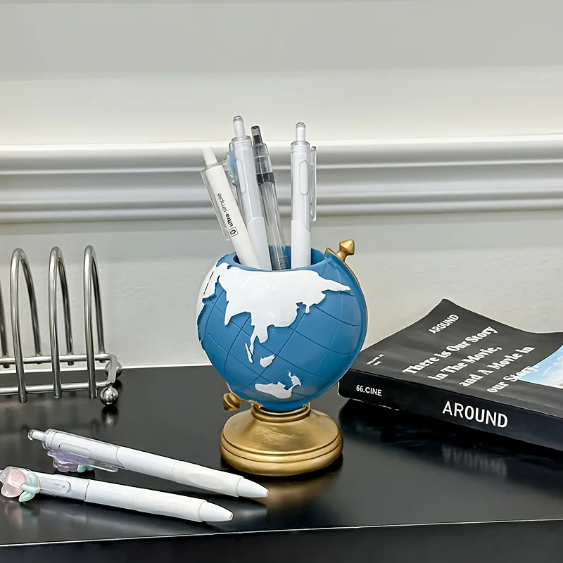 Vintage Globe Pen Holder 3D World Map Pencil Cup Decorative Desk Organizer Stationery Storage Pot for Home Classroom Decor