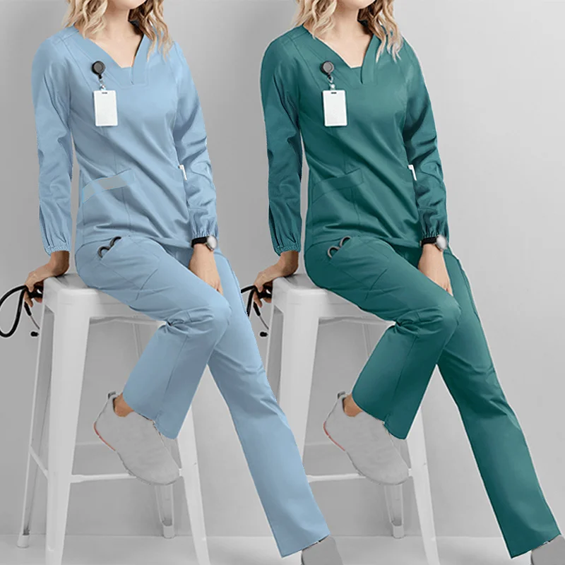 Scrubs uniformi mediche donna 2023 manica lunga con scollo a v Pocket Care Workers t-shirt top autunno uniformi De Enfermera Mujer