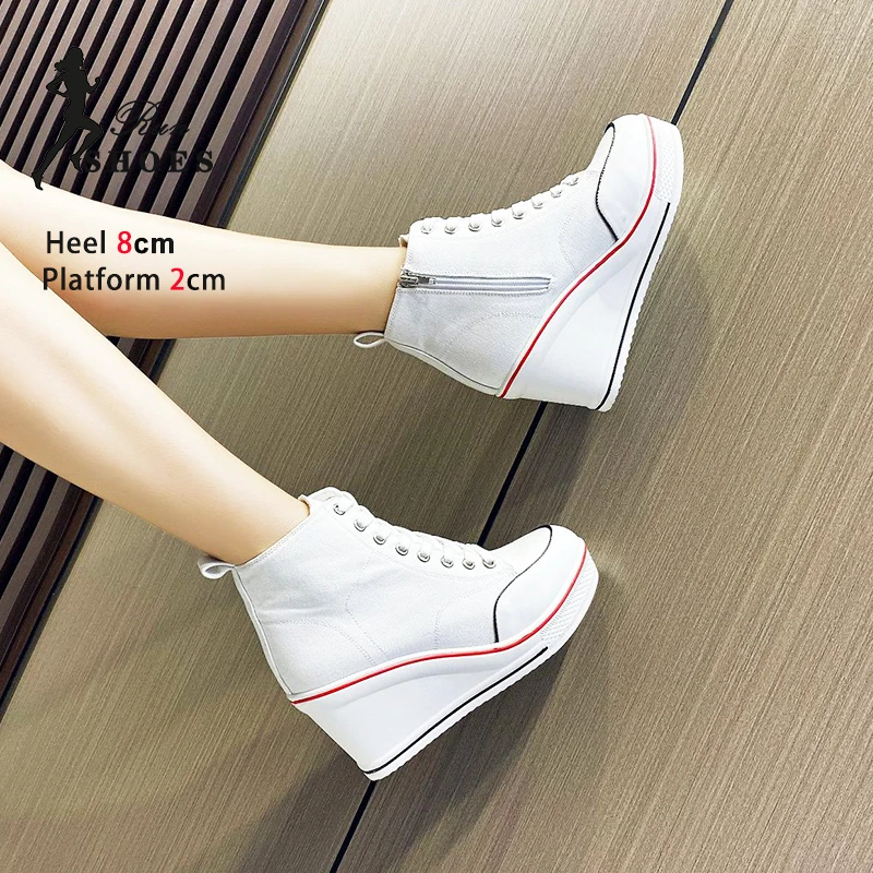 Casual Sneakers Women Platform Wedge Shoes 8CM Height Increasing Canvas Shoe Ankle Side Zip Ladies Sports Footwear Female 35-43