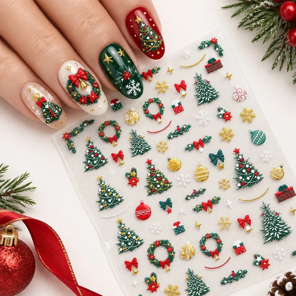 1Pc Rustic Cottage Nail Decal Removable 5D Embossed Handcrafted Pine Cone Berry Wreath for Country Christmas Nail Art Accessory