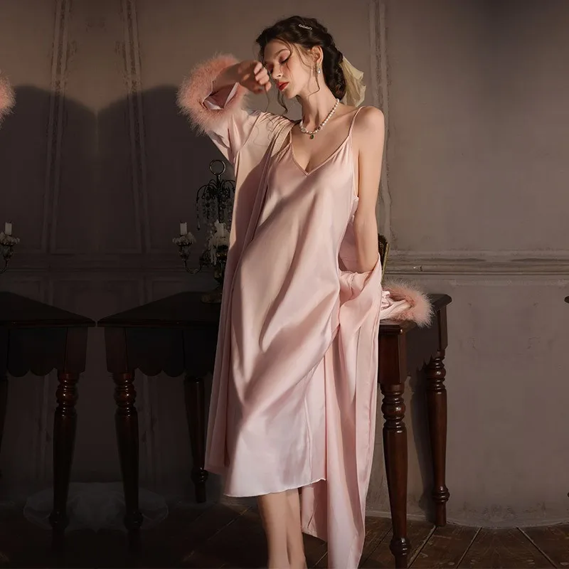 Ostrich Feather Sling Nightdress Robe with 3 4 Sleeve Ostrich Feather Loungewear Extended Nightdress Bridal Robe for Women
