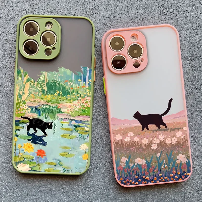 Lustige Cartoon Schwarze Katze Handyhülle für iPhone 17 16 15 11 12 14 13 Pro Max Mini X XS XR 7 Plus 17E Air Stoßfeste Matte Hülle