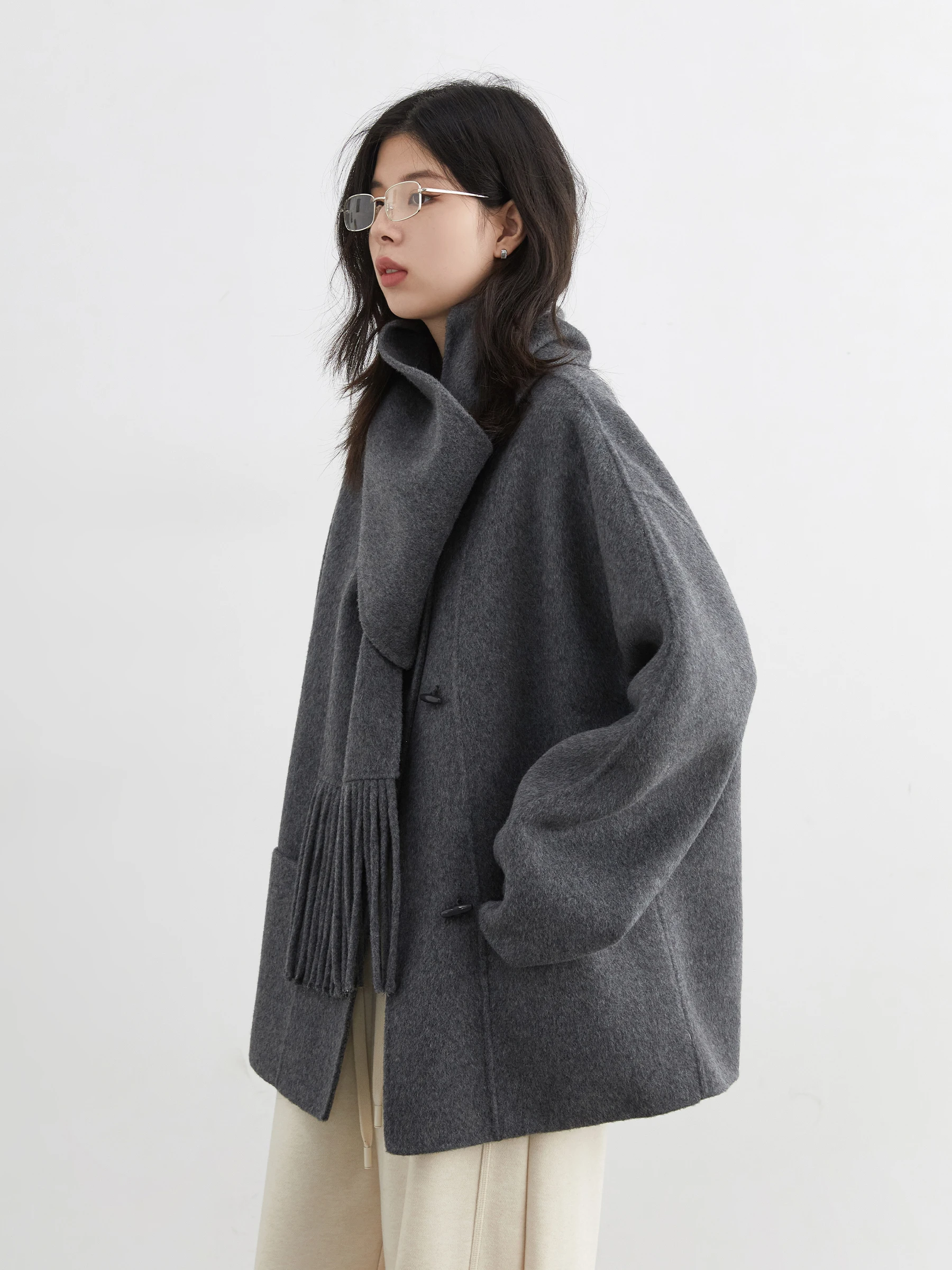 CHIC VEN Women Woolen Coat Solid Loose Single-breasted Overcoats Double Sided Office Ladies Coat with Scarf Autumn Winter 2025