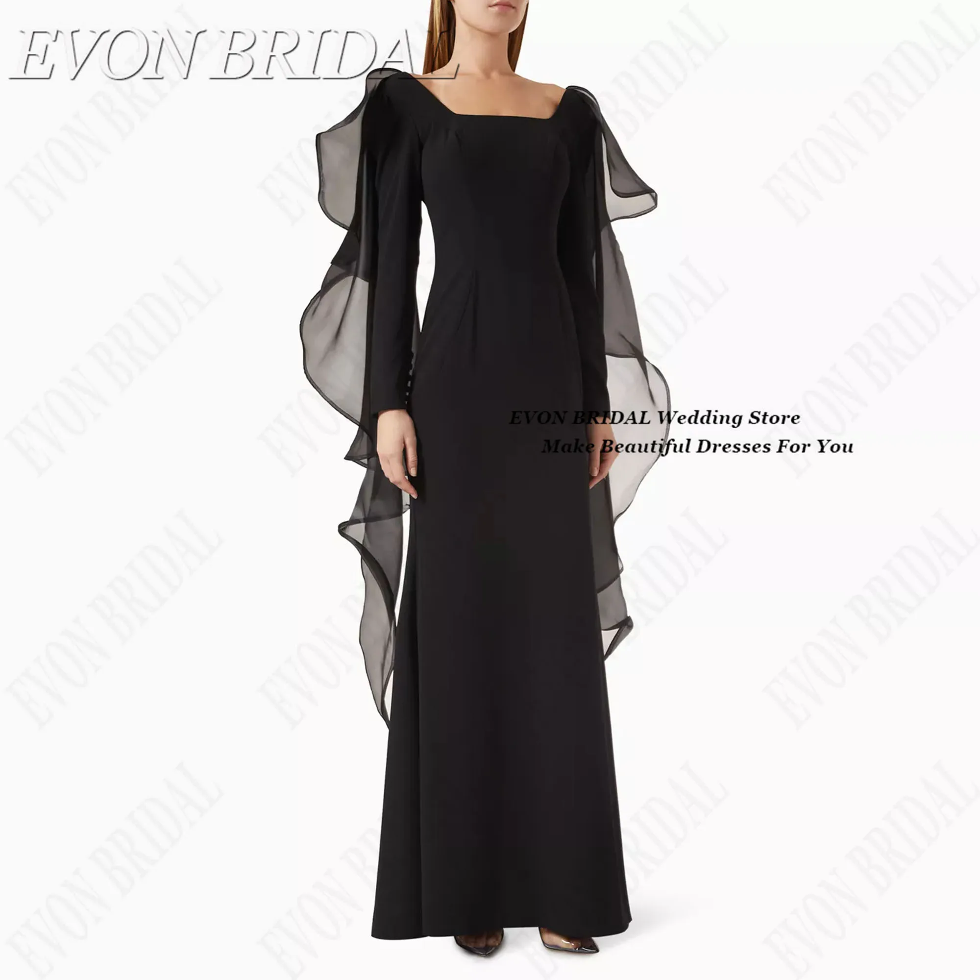 

Black Formal Evening Dresses Woman 2026 Ruffled Shawl Wedding Guest Dress Mermaid Long Sleeves Backless Customized Party Gowns