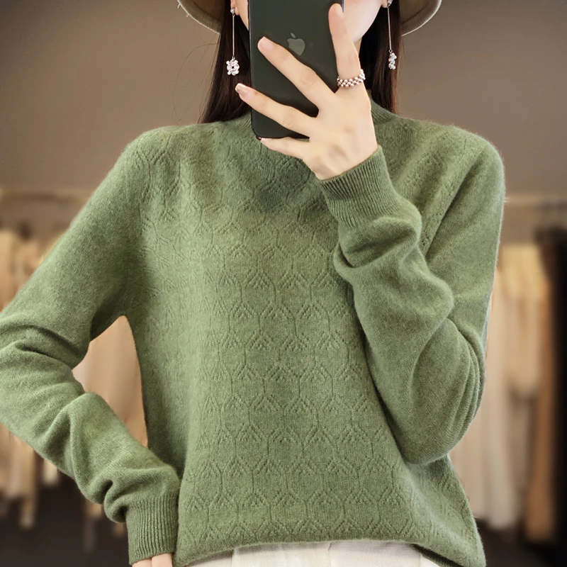 Women New Wool Blend Sweater Half-high Collar Diamond Hollow ​Pullover Autumn Winter Bottoming Shirt Casual Warm Knitting Tops