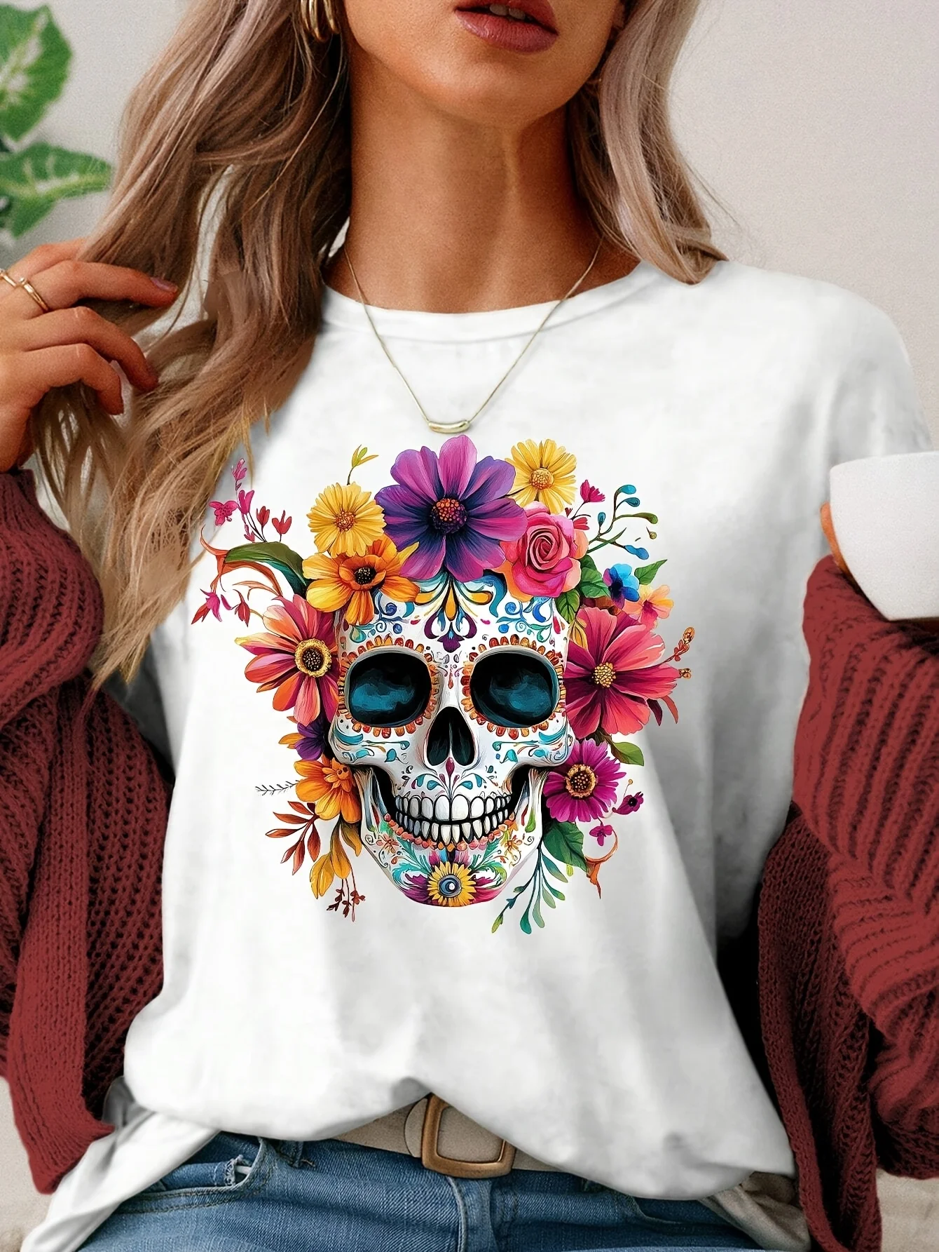 Women Floral Sugar Skull Print T Shirt Round Neck Short Sleeve Day of The Dead Graphic Casual Ladies Summer Tees Women Clothes