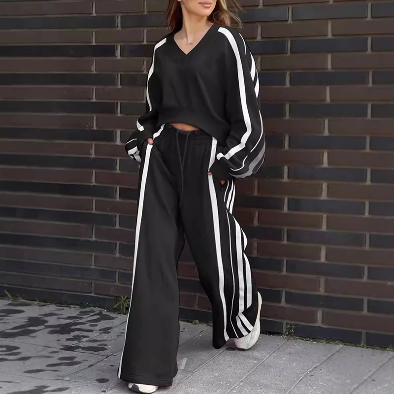 Y2K Style Casual Sportswear Two Piece Set Women V Neck Sweatshirt Pullover & Long Pant Suit Outfit Winter Stripe Loose Tracksuit