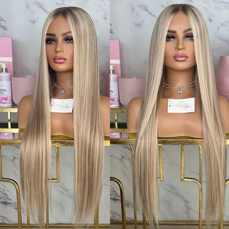 Golden Blonde Light Ash Highlights Synthetic Hair Wigs Soft Straight Long Lace Frontal Wigs for women Girl Futura Pre Plucked