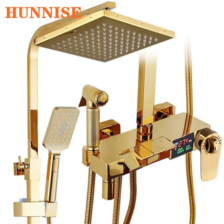 

Золотой термостатический душевой набор из 9-дюймовой душевой насадки из нержавеющей стали с дождевой насадкой, латунные смесители для ванны, цифровой душевой набор для ванной комнаты