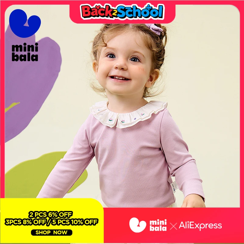 

Мини-футболка Balabala с длинными рукавами, приятный для кожи, недеформирующий детский топ для девочек, кукольный воротник и антибактериальная отделка