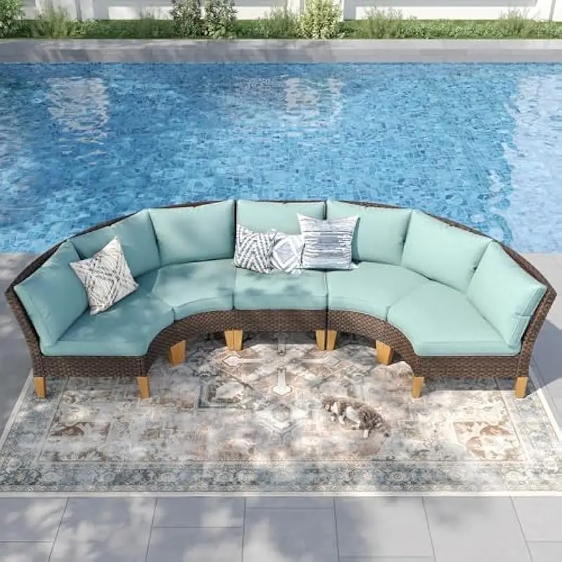 5-piece modular rattan outdoor sofa set in aqua blue with semicircular layout, extra-wide 24-inch seats, 4-inch thick UV-resista
