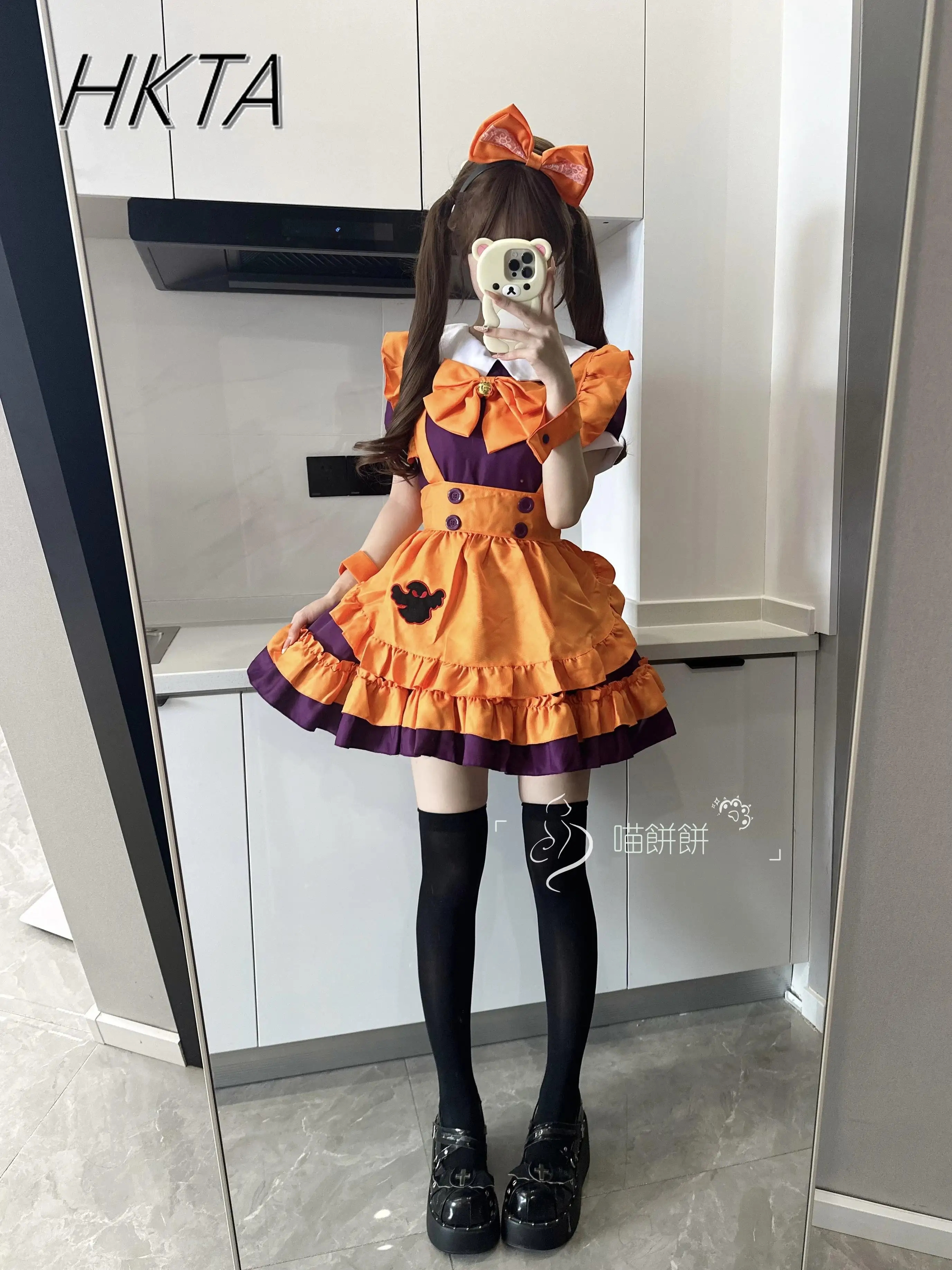 

Японские милые плиссированные платья с тыквой, женские весенне-летние косплей с коротким рукавом и бантом, короткое платье на Хэллоуин, комплекты Лолиты