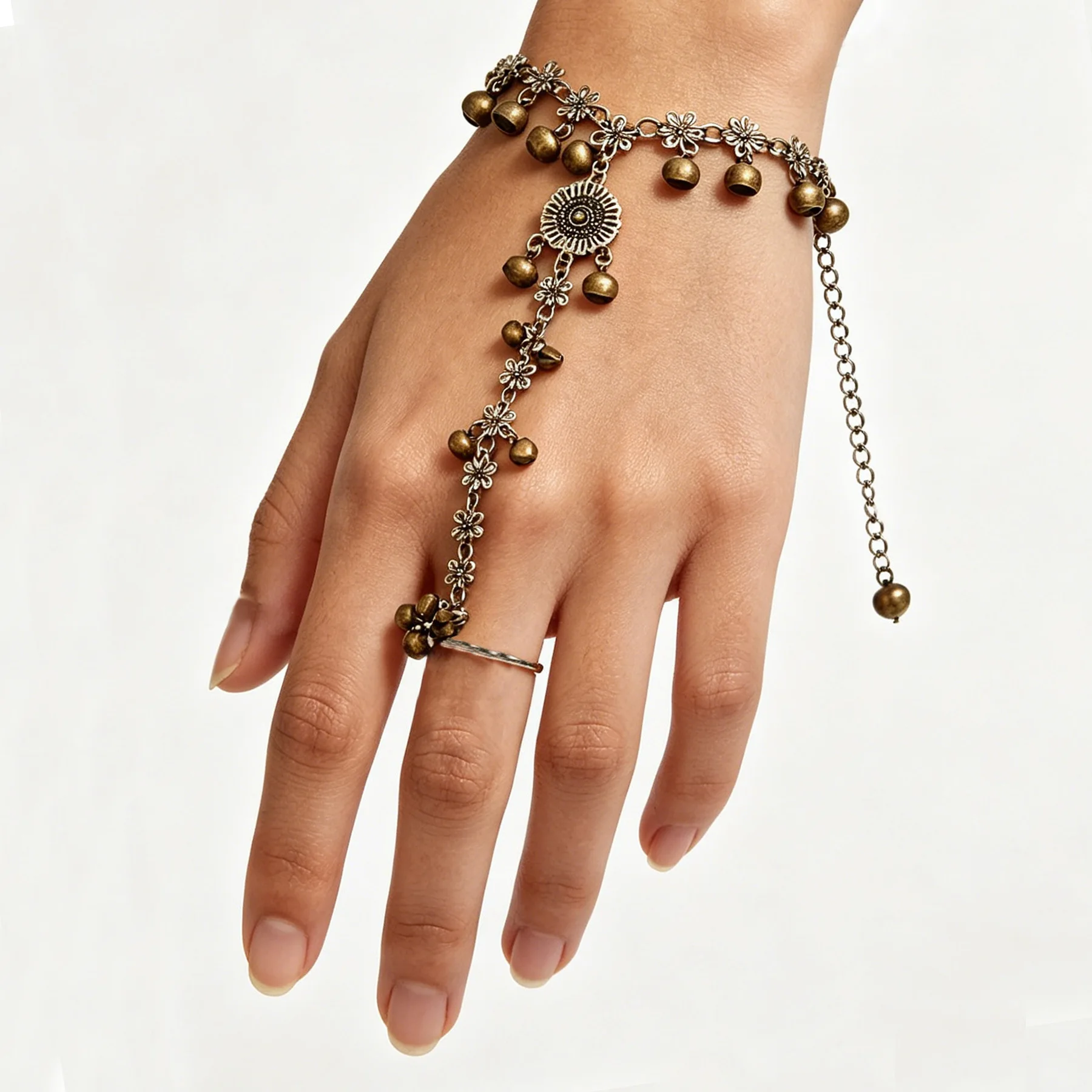 Antique Silvery Bronze Bell Flower Hand Chain Ring Bracelet Bohemian Ethnic Tassel Slave Bracelet Gypsy Tribal Jewelry for Women