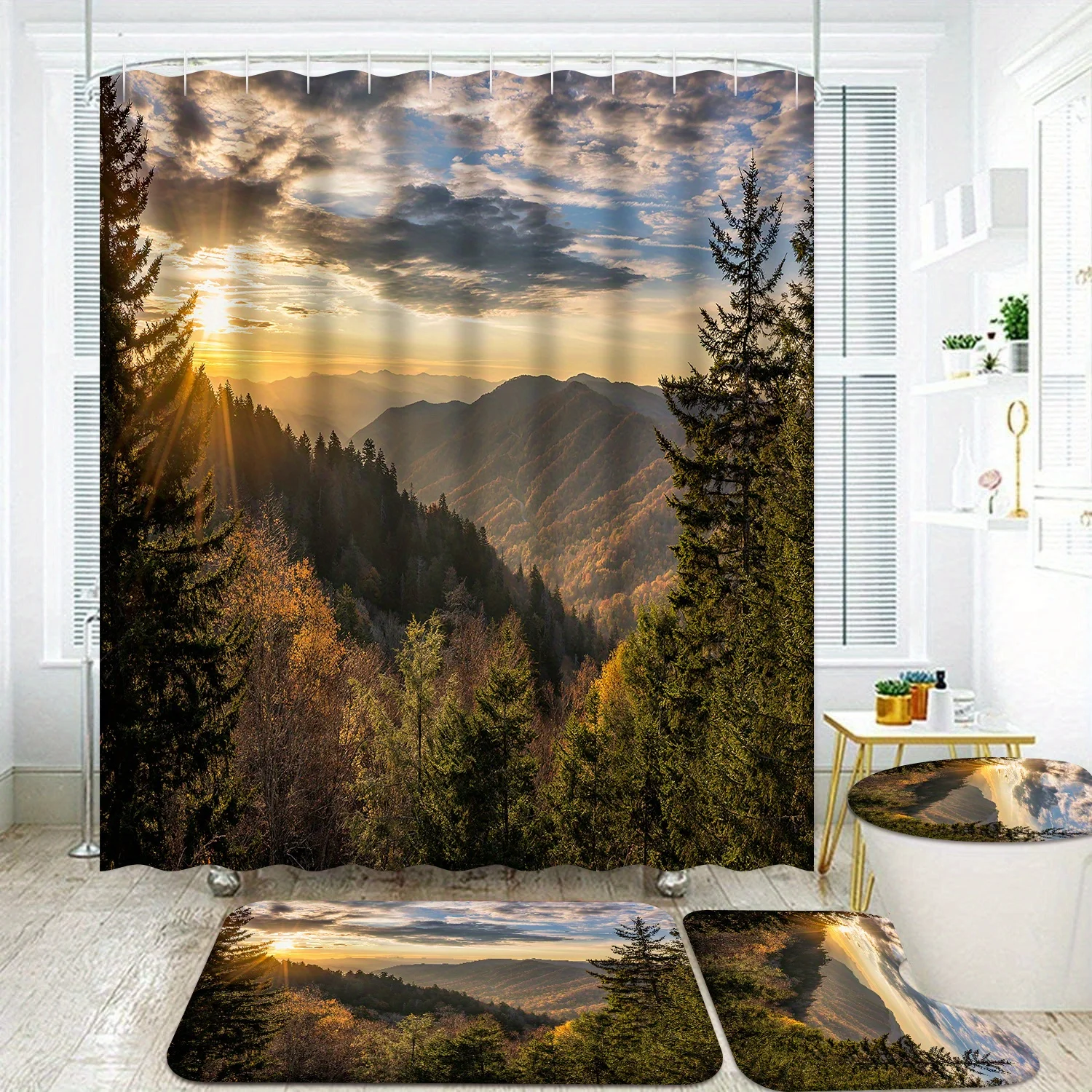 

Bathroom Accessory Sets of 4pcs with 12 Hooks, Featuring Sunrise Mountains and Forest Woods Design, Includes Matching Rugs, Mats