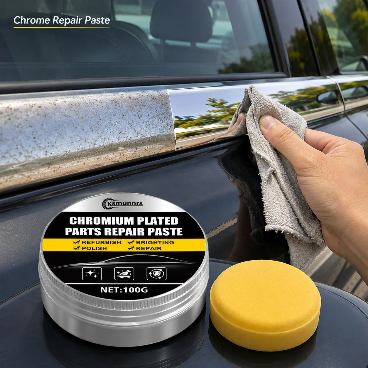 100g Car Chrome Polish Paste, Chrome Trim Restorer for Door Handles, Window Trim, Emblems and Sun Visors, Restores Shine and Rem