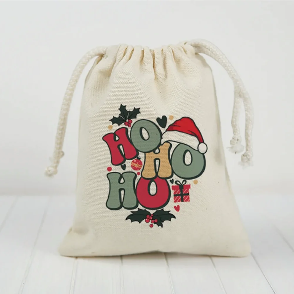 

5pcs Christmas Treat burlap cotton Bags Party Favor Goodie Candy muslin Bags xmas Gift new years Holiday decoration supplies