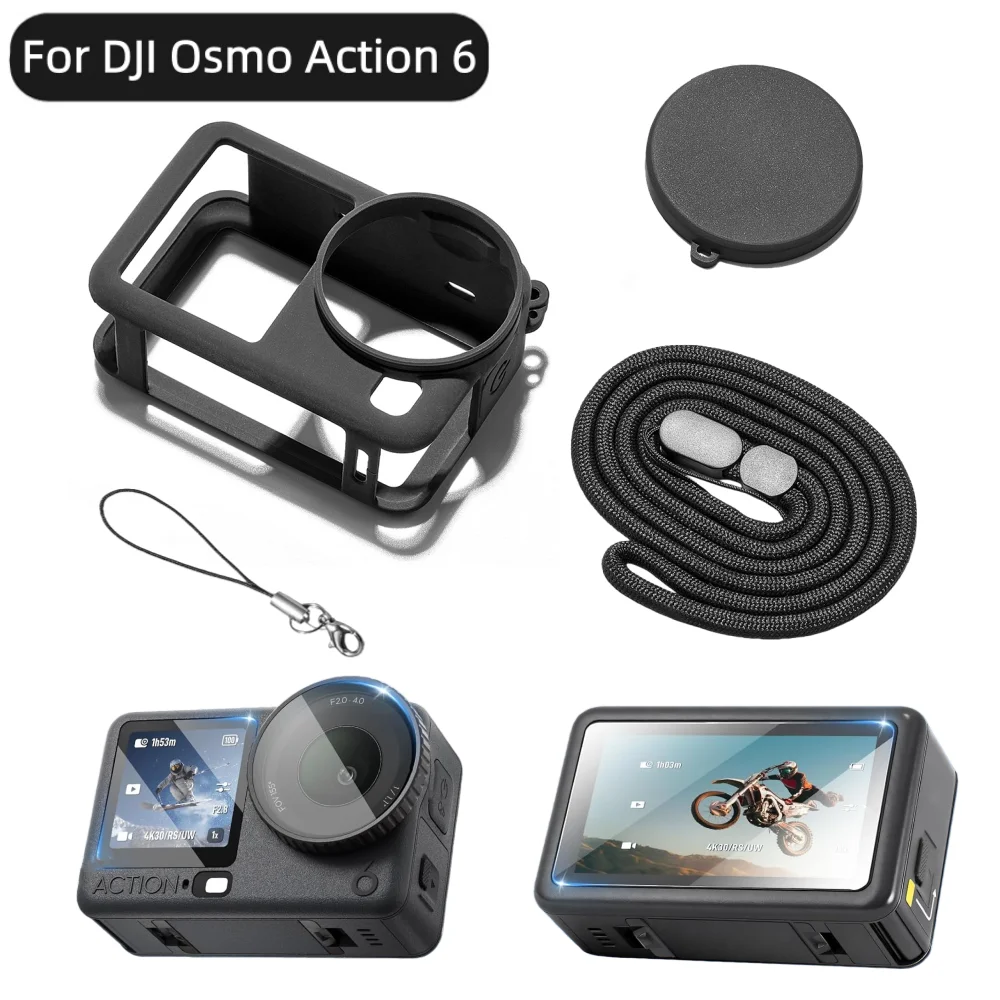 For Dji Osmo Action 6 Silicone Case Protective Housing Shell Protector Rubber Lens Screen Tempered Glass Magnet Mount Base