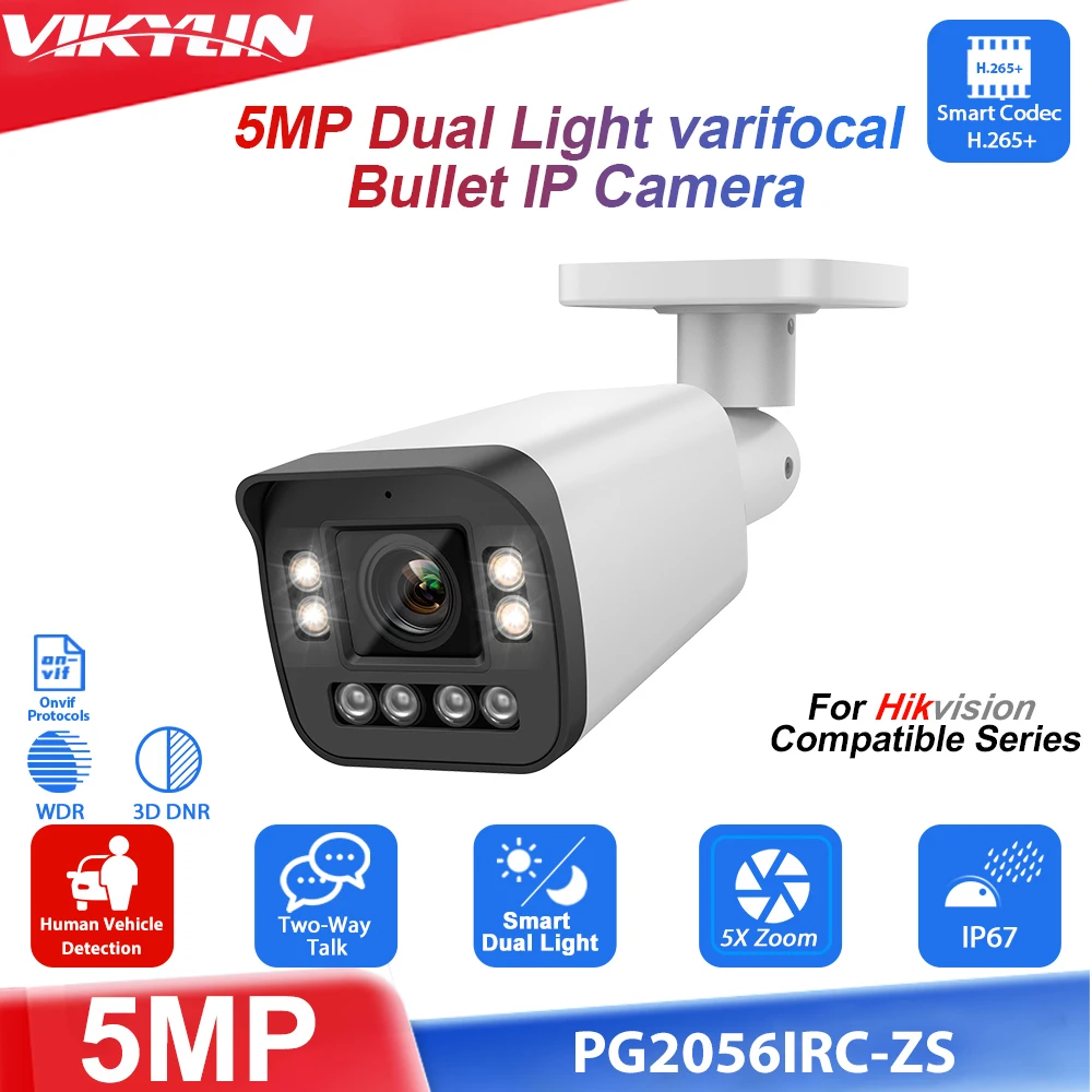 Vikylin 5MP 5X Zoom IP Camera for Hikvision Compatible Two-way talk Dual-light POE Security Camera Home CCTV Video Surveillance