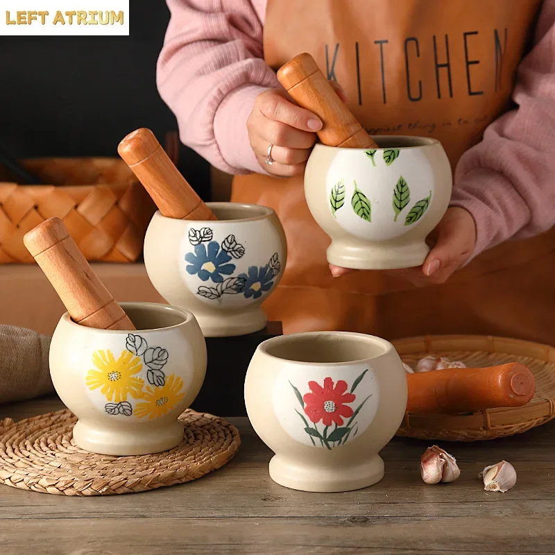 ‌Vintage Ceramic Mortar and Pestle with Wooden Pestle Garlic Masher Peppercorns Chilli Grinder Household Kitchen Seasoning Tool