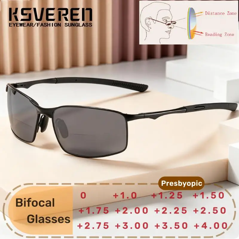 Men Women Grey Bifocal Sunshade Reading Glasses Square Full Frame Prescription Driving Presbyopia Eyeglasses Dual Vision Readers
