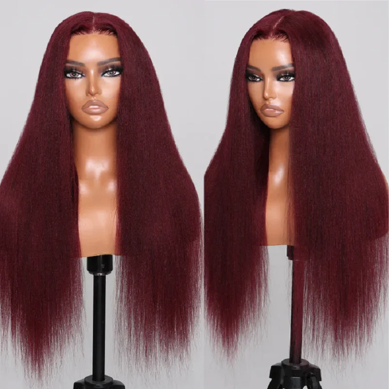 Perruque Yaki sans colle pour femme, cheveux crépus lisses, devant en dentelle bordeaux, densité 180, 99j, 26 po, baby hair, degré de chaleur, préplumé 03/3