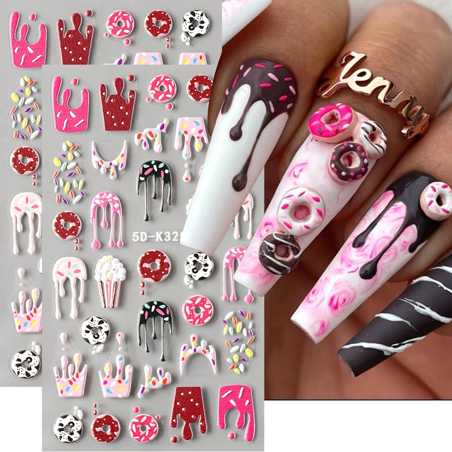 Autocollants pour ongles, crème glacée au chocolat, beignet, pop-corn 3D, Dessert sucré, Dessert d'été, décalcomanies pour manucure, décoration Nail Art, 2 pièces