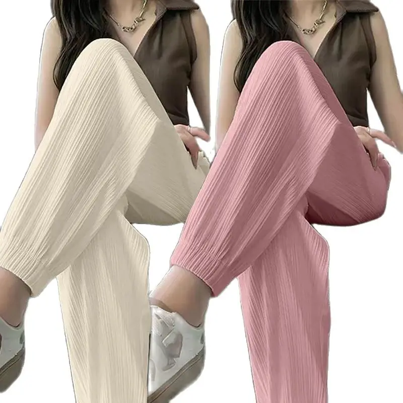 Ice Silk Casual Wide Leg Harem Pants Trousers Solid Elastic Waist Women Clothing Sweet Streetweat Summer Ankle-Length Pants New