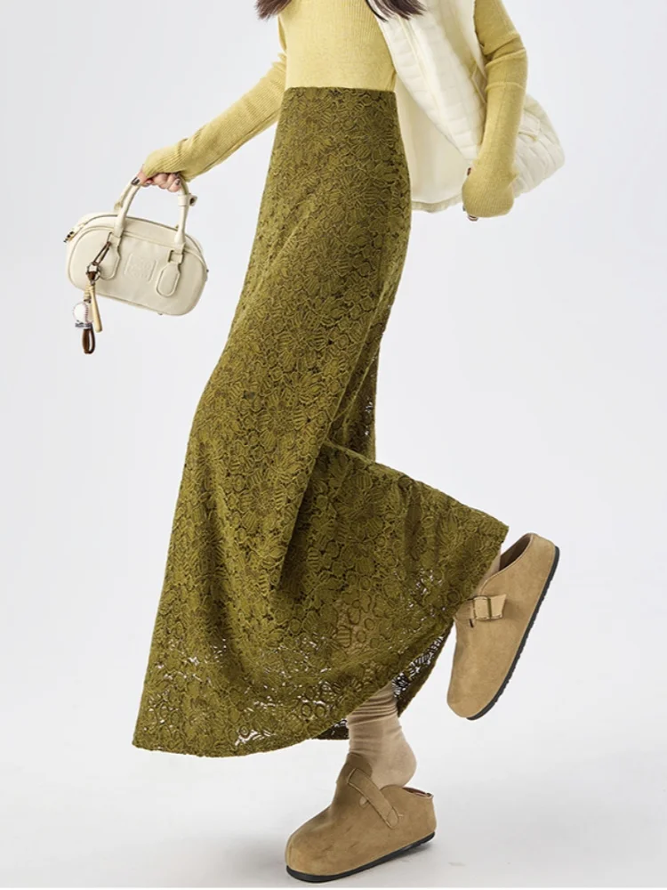 

SMTHMA 2025 Korean Style New Autumn/Winter Slimming Mid-Length Skirt With Flocking Lace Hollow Out Long Skirt