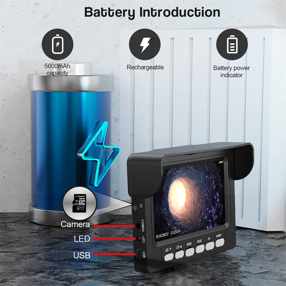 كاميرا فحص أنابيب الصرف الصحي ، المنظار الصناعي مع 4.3 مراقب ، بطاقة 16GB ، DVR ، IP68 ، استنزاف 17 مللي متر ، 22 مللي متر ، 1200TVL