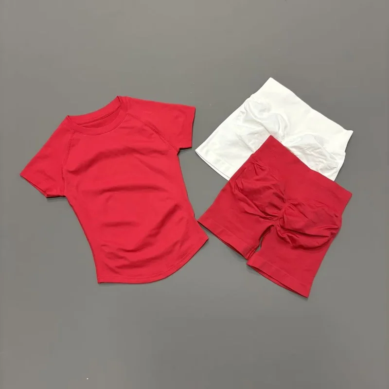 2 Pcs Sports Set Women Seamless Solid Color Short Sleeve Yoga Top Slim Fit Shorts Suit Gym Fitness Running Workout Sports Sets