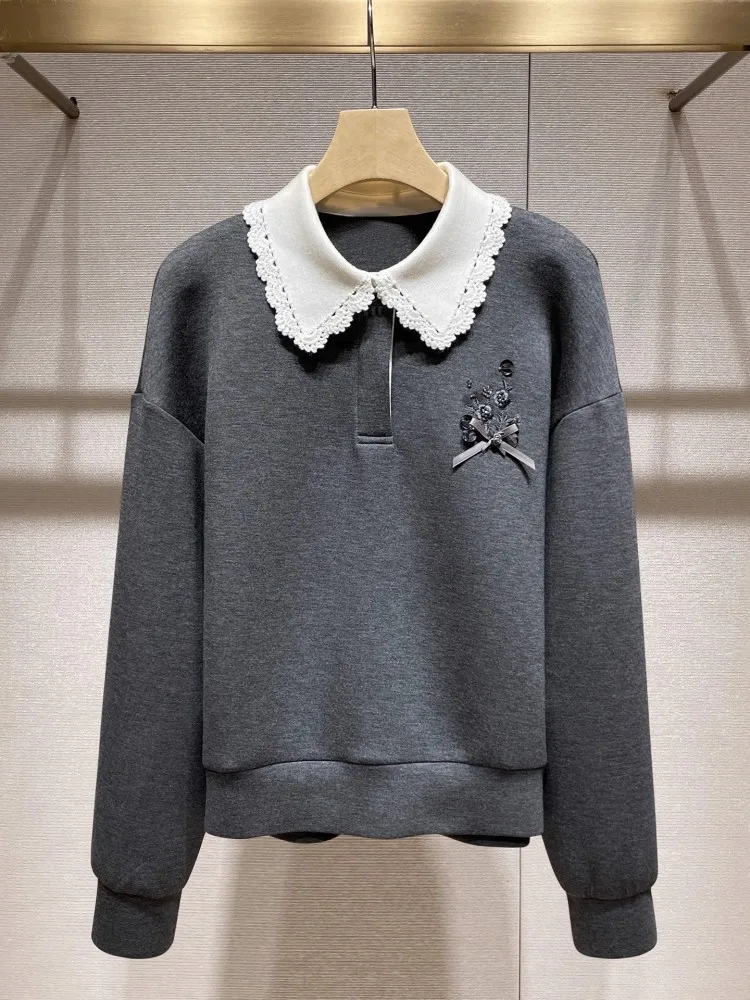Autumn College Style Peter Pan Collar Women Sweatshirt Sets Date Party Pullover Top Outfits Above Knee Mini Shorts Two-Piece Set