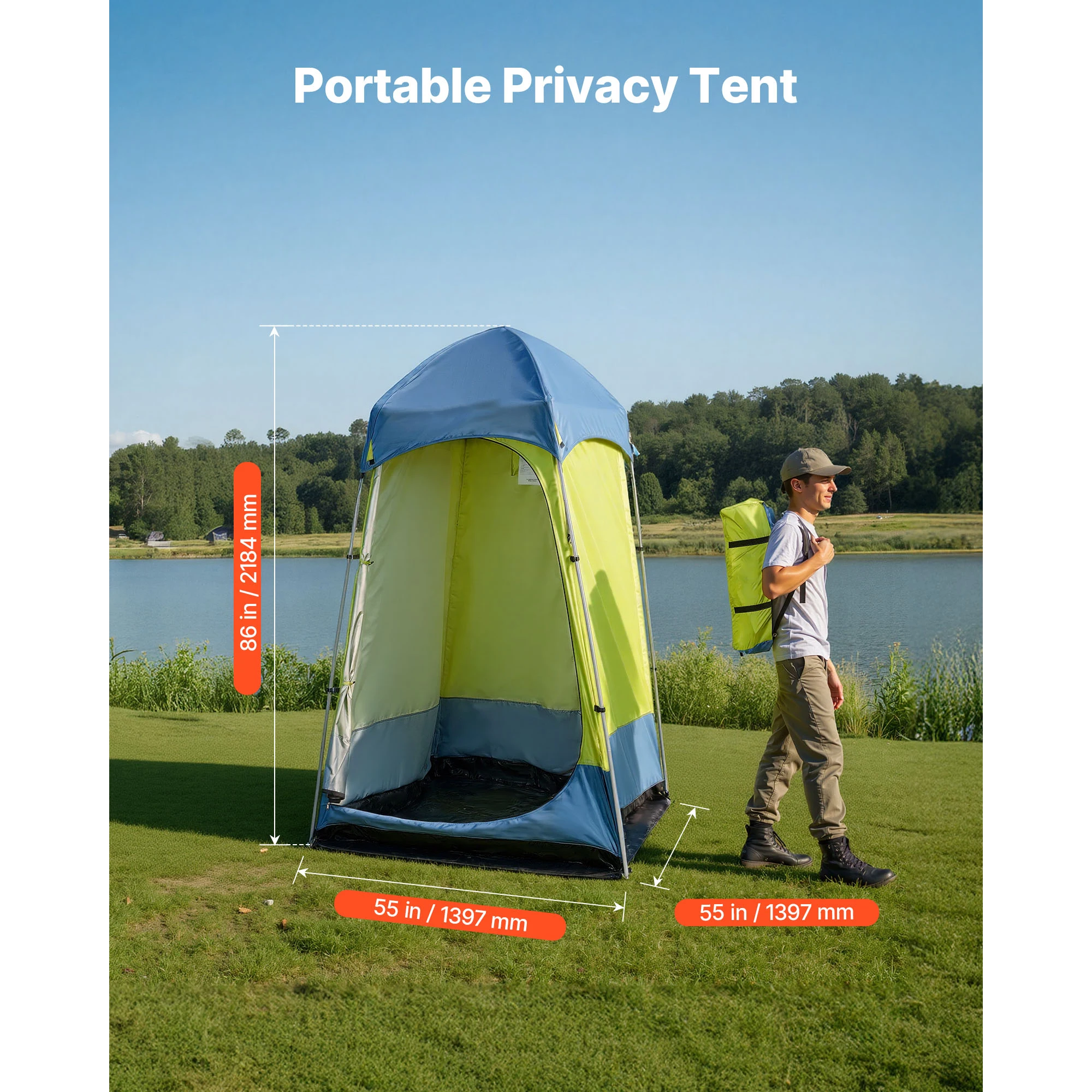 Camping Shower Tent, 1 Room, 200D Oxford Fabric with Silver Coating, Portable Privacy Tent Changing Room with Ground Stakes, Ropes, Carry Bag, and Steel Poles, Beach, Fishing, Designed for Camping