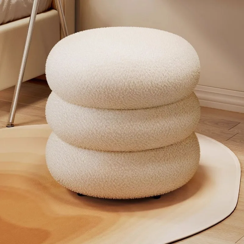 

Round vanity Lamb wool stool home modern simple spare high stool Nordic red lamb living room soft bag sofa bench stool chair