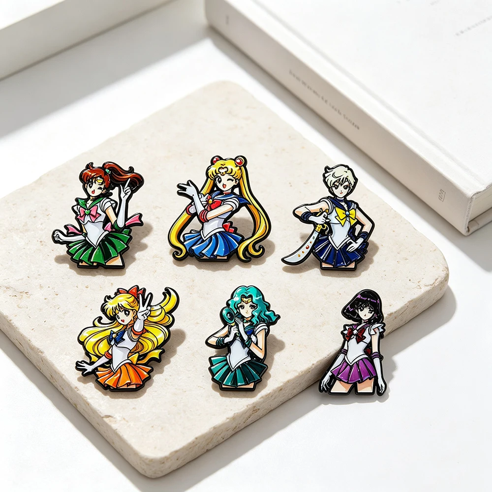 6pcs Sailor Moon Anime Enamel Brooch Pins Set Cute Cartoon Sailor Guardians Lapel Badges Collectible Fans Backpack Accessories