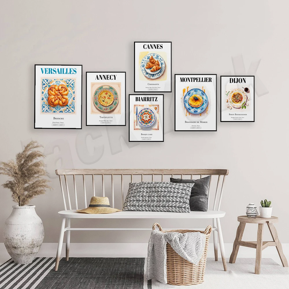 Saint-Tropez, Biarritz, Avignon, Lille, Montpellier, Versailles, cakes, cassoulet, biscuits, bread, French food travel poster