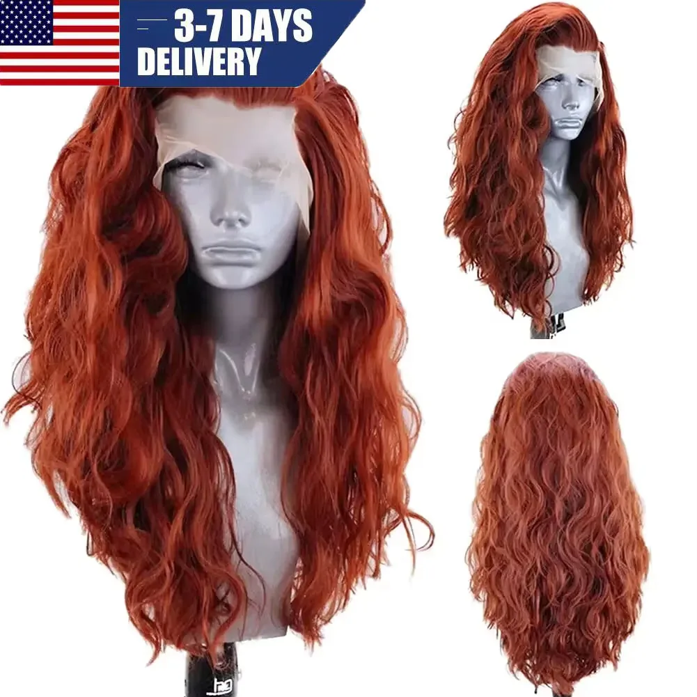 Auburn Red Lace Front Wig Long Wavy Synthetic Hair Glueless Heat Resistant Fiber for Women Cosplay and Daily Use