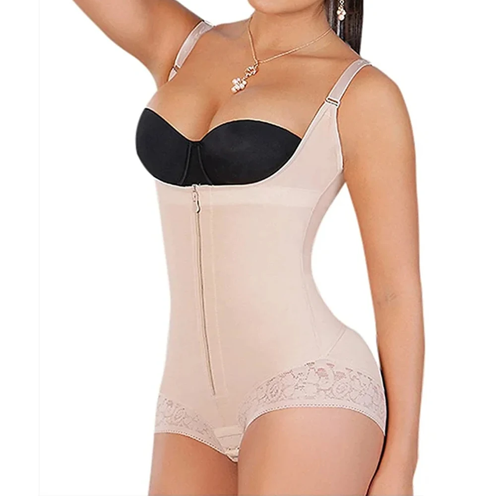 

Fajas Colombianas Woman Butt Lifter with Adjustable Wide Straps Zipper Closure Shaper Bodysuit Open Bust Post Liposuction Black