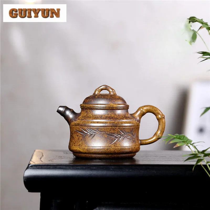 

280ml Yixing Purple Clay Teapots Handmade High Bamboo Drum Pot Raw Ore Hyperthermy Section Mud Tea Making Kettle Strainer Zisha
