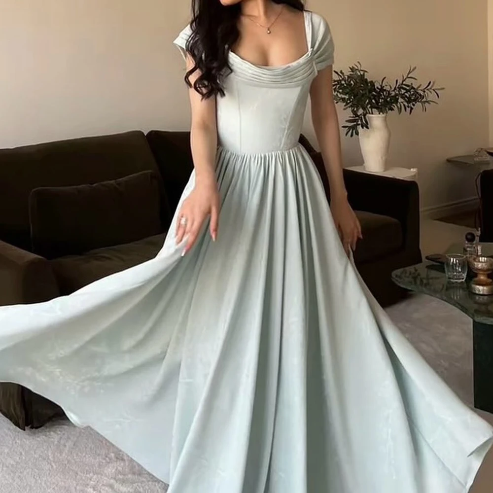 A-Line Floor length Scoop Off the shoulder Satin Short Sleeves Graceful and Temperament Evening Dresses Sweep train Formal Gowns