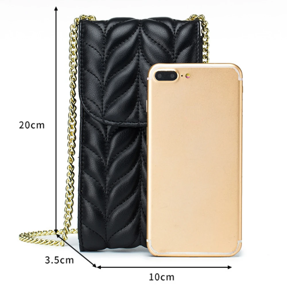 Genuine Leather Vertical Mobile Phone Bag Lingge Chain Bag Multi Functional Fashion Crossbody Mobile Phone Bag