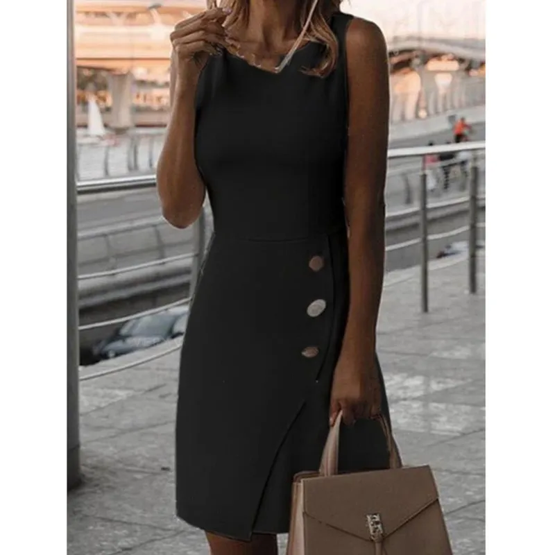 Weißes, elegantes Damen-Kurzträgerkleid mit Rundhalsausschnitt und sexy, schmaler Passform, hüftumarmender Rock, reines Bandknopf-Minikleid. Neu