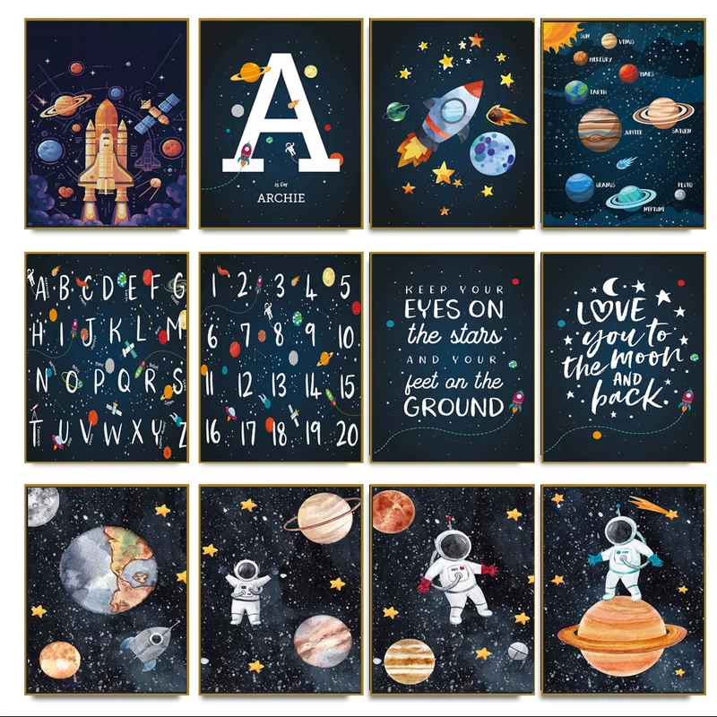 Abstract Number Alphabet Rocket Planet Astronaut Canvas Painting Nordic Prints and Poster Wall Art Picture for Living Room Decor