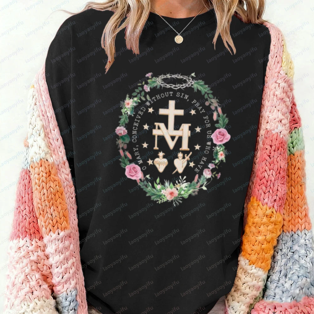 Retro Style Catholic Shirt Miraculous Medal Shirts Marian Cross Shirt Virgin Mary T-Shirt Traditional Catholic Gifts Cotton Tops