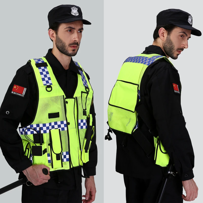 Multi-Pocket High Visibility Reflective Police Safety Vest High-Quality Night Motorcycle Cycling Traffic Warning Clothing