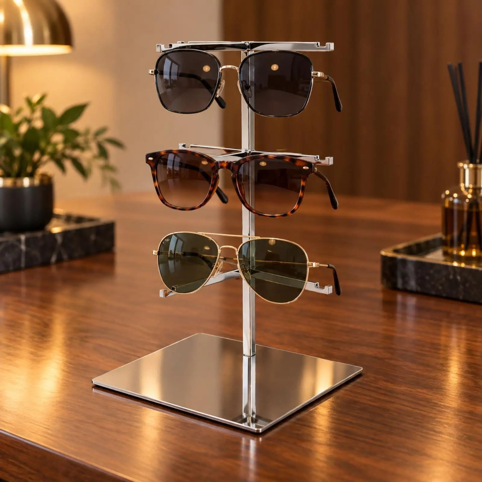 Three Tier Eyeglass Display Stand Stainless Steel Counter Top Glasses Rack for Shop Showcase Fixture